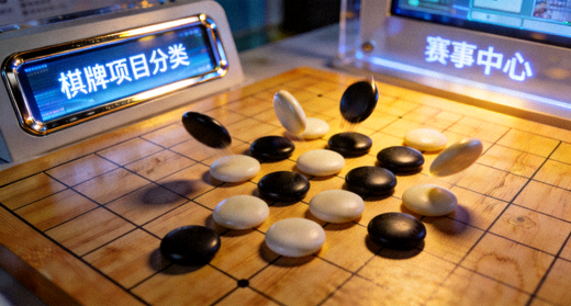 棋盘与棋子特写画面，代表赛事中心中的棋牌项目分类展示模块